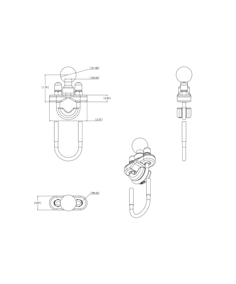 RAM Handlebar U-Bolt Base for Rails 0.5" to 1.25" in Diameter - B Size