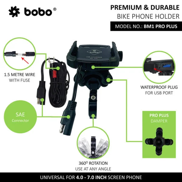 BOBO BM1 PRO PLUS Jaw-Grip Bike Phone Holder with Vibration Damper USB 3.0