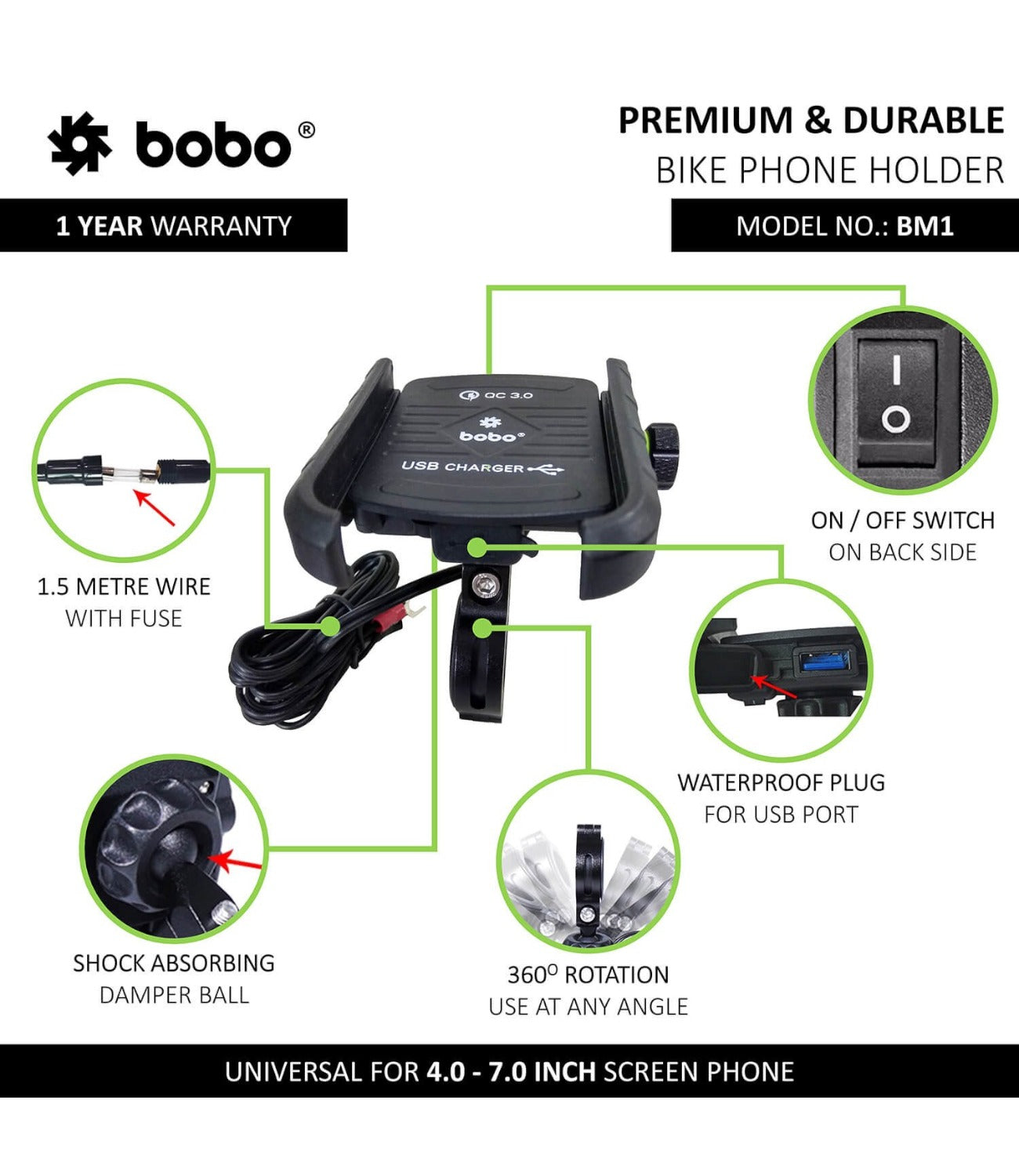 BOBO BM1 Motorcycle Phone Holder (with fast USB 3.0 charger)