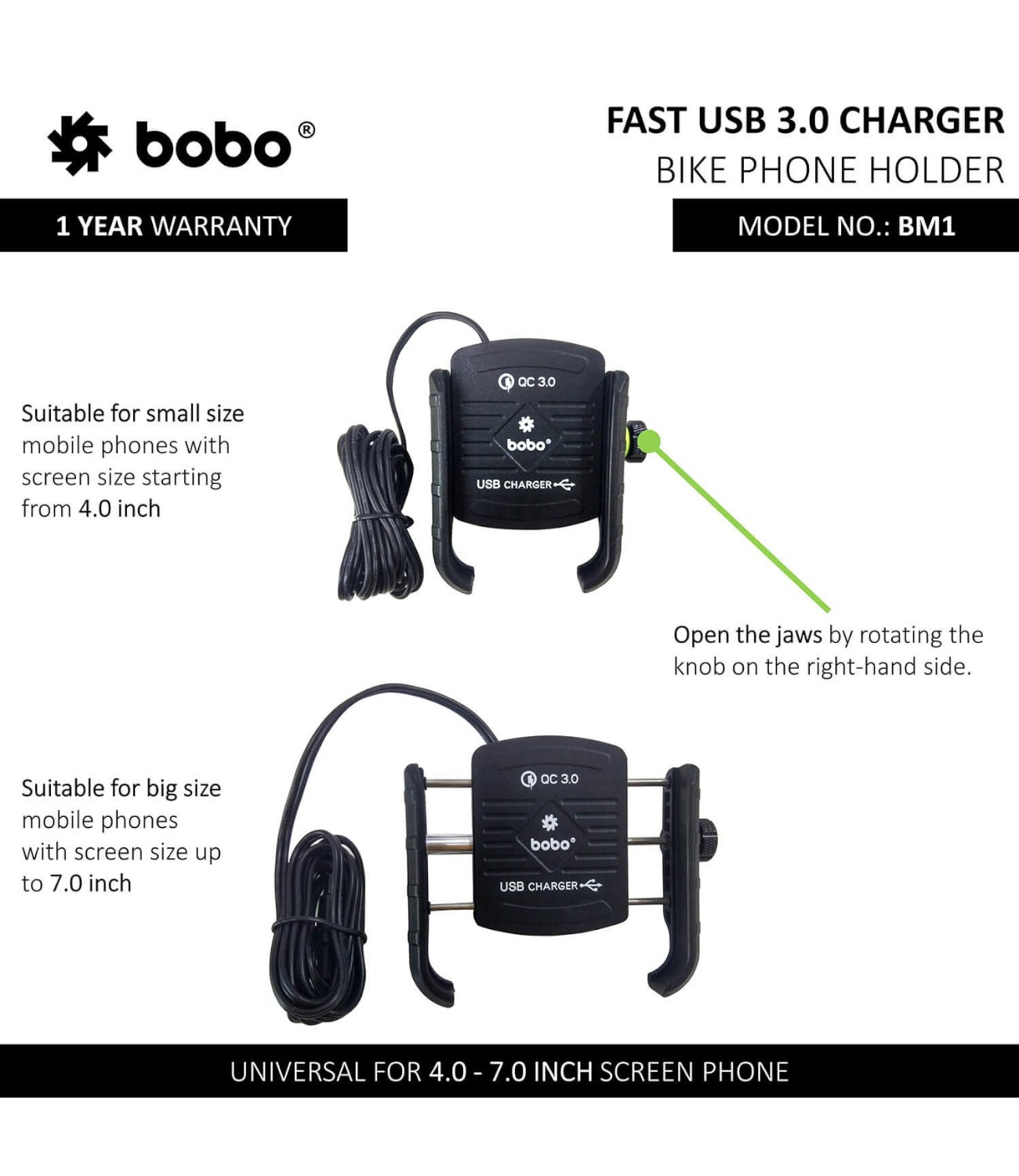 BOBO BM1 Motorcycle Phone Holder (with fast USB 3.0 charger)