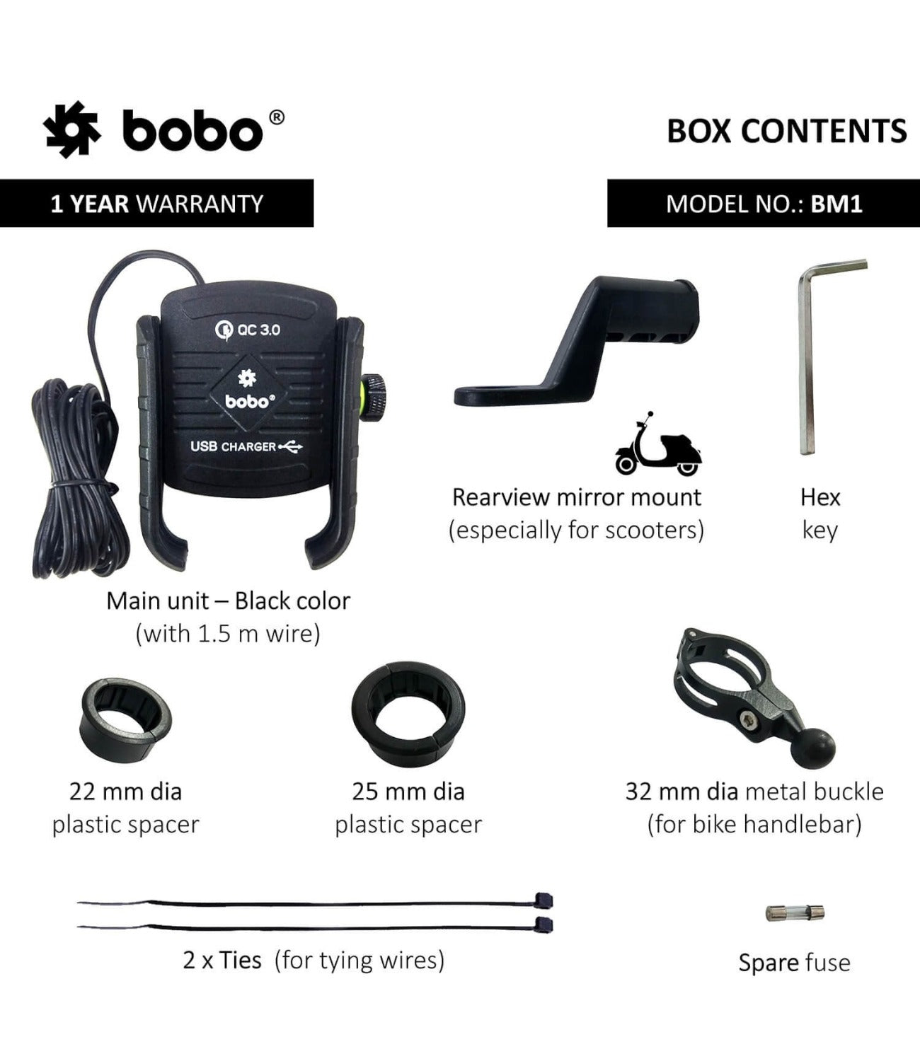 BOBO BM1 Motorcycle Phone Holder (with fast USB 3.0 charger)