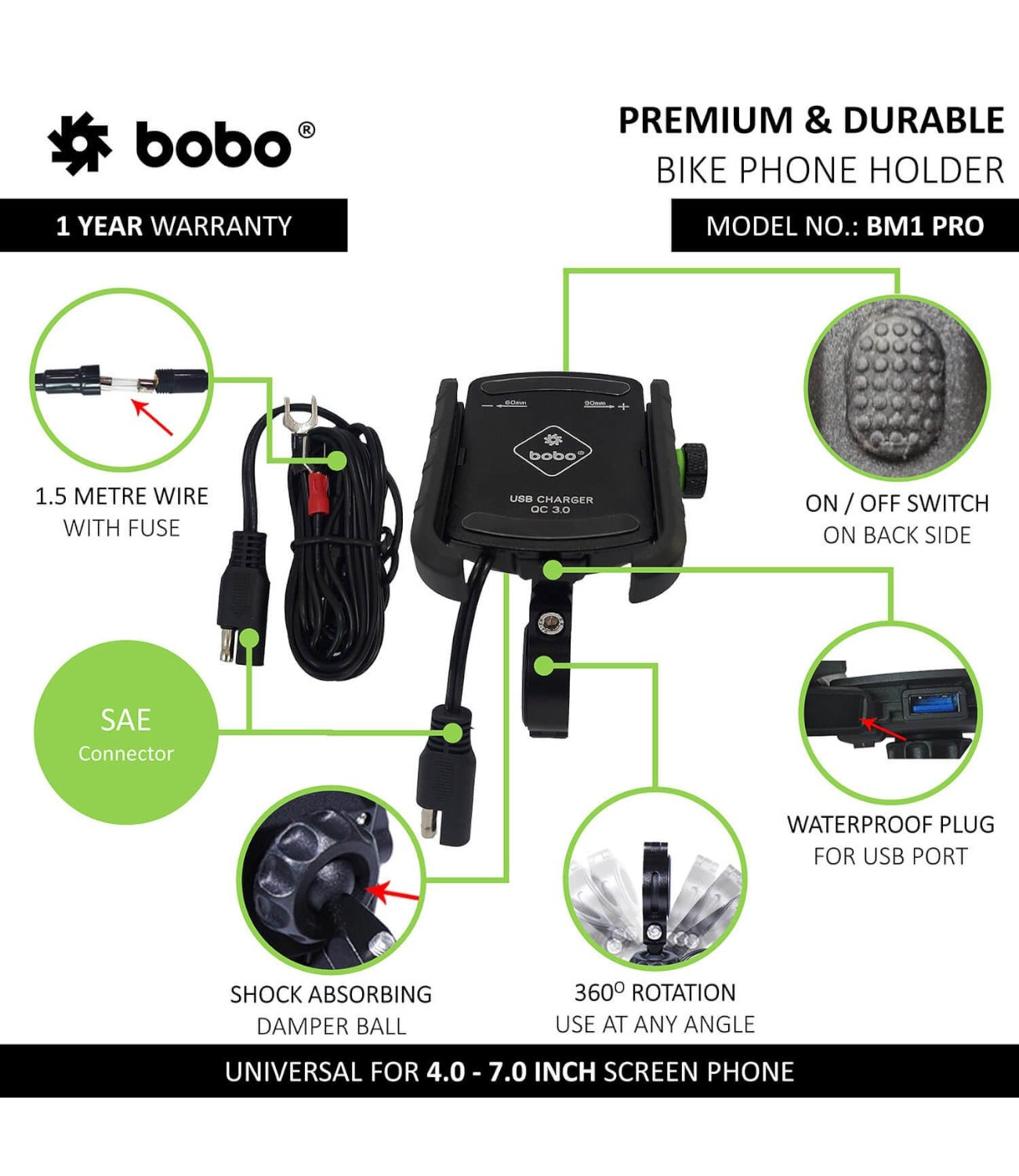 BOBO BM1 Pro Motorcycle Phone Holder (with fast USB 3.0 charger)