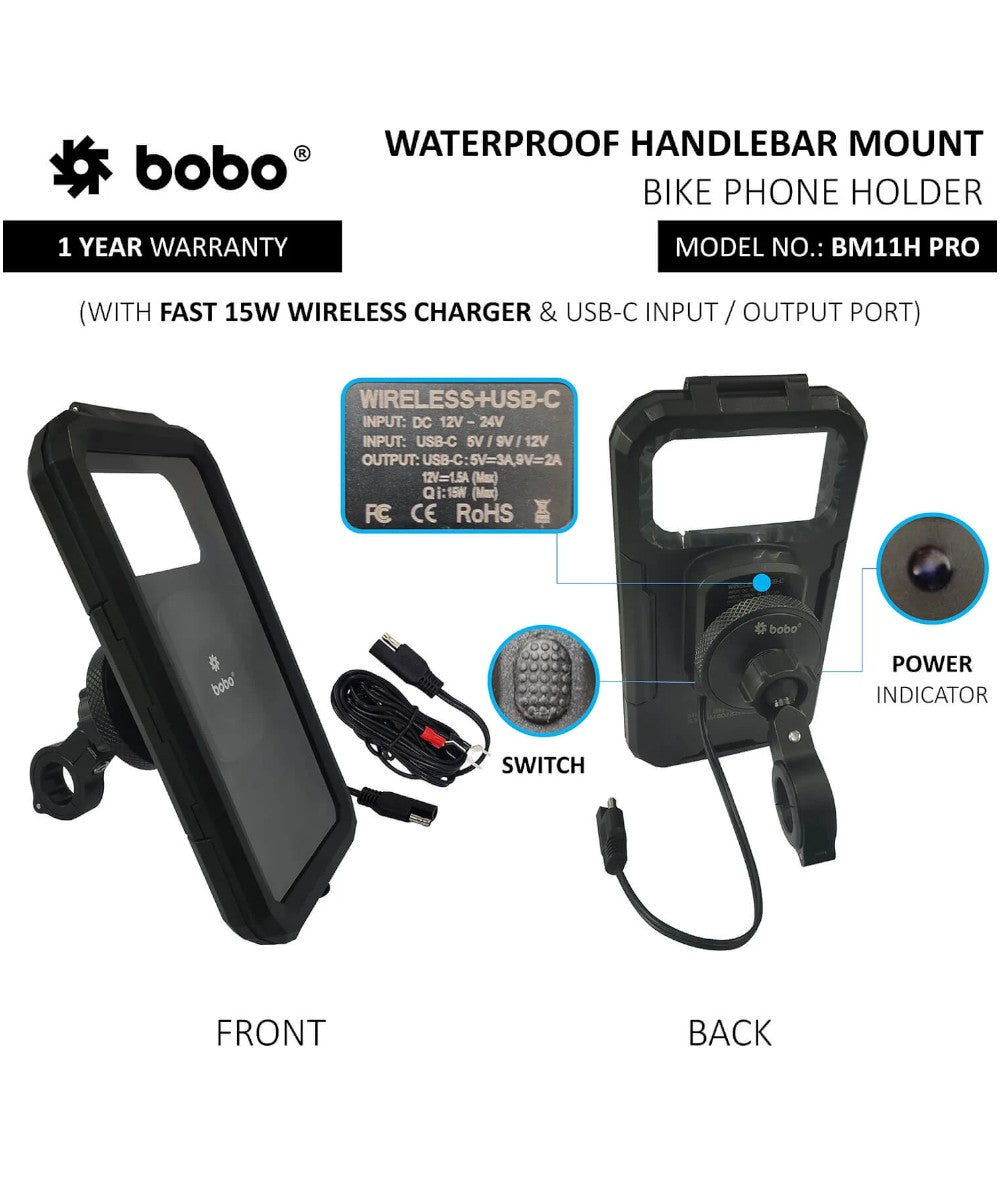 BOBO BM11H PRO Fully Waterproof Bike Phone Holder with Vibration Controller (with Fast 15W Wireless Charger & USB-C Input/Output Port) Motorcycle Mobile Mount