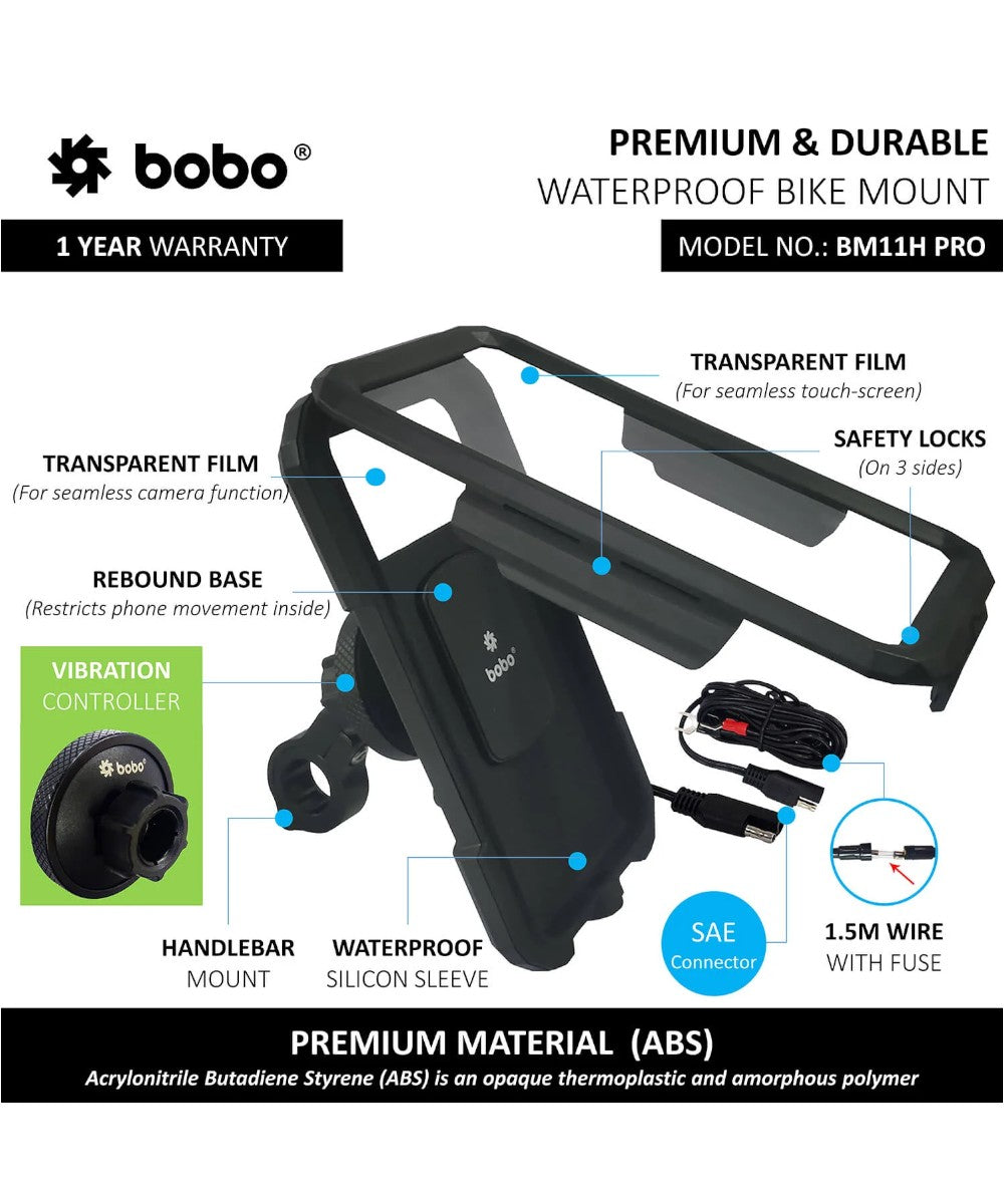 BOBO BM11H PRO Fully Waterproof Bike Phone Holder with Vibration Controller (with Fast 15W Wireless Charger & USB-C Input/Output Port) Motorcycle Mobile Mount