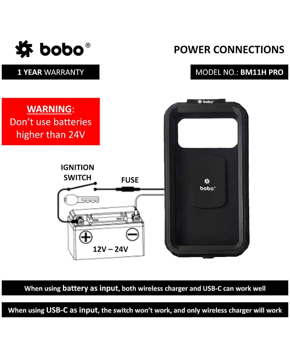 BOBO BM11H PRO Fully Waterproof Bike Phone Holder with Vibration Controller (with Fast 15W Wireless Charger & USB-C Input/Output Port) Motorcycle Mobile Mount