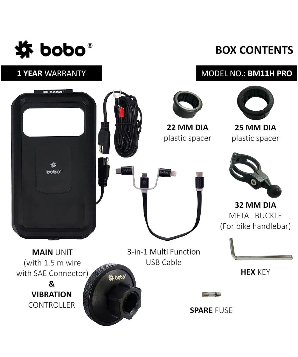 BOBO BM11H PRO Fully Waterproof Bike Phone Holder with Vibration Controller (with Fast 15W Wireless Charger & USB-C Input/Output Port) Motorcycle Mobile Mount