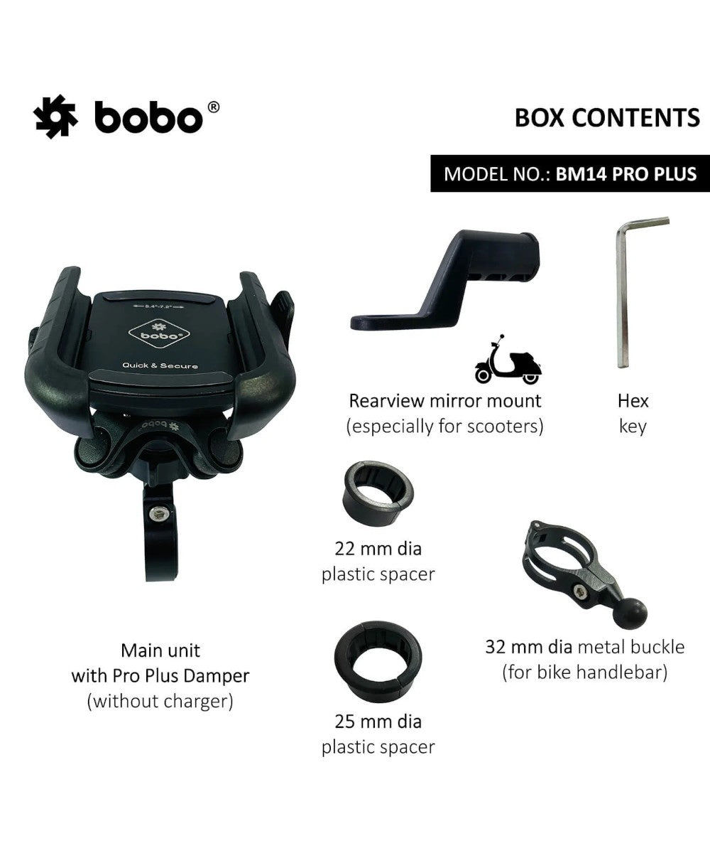 BOBO BM14 PRO PLUS Quick Release with PRO PLUS Vibration Damper Enhanced BM4 PRO PLUS Bike / Cycle Phone Holder Motorcycle Mobile Mount