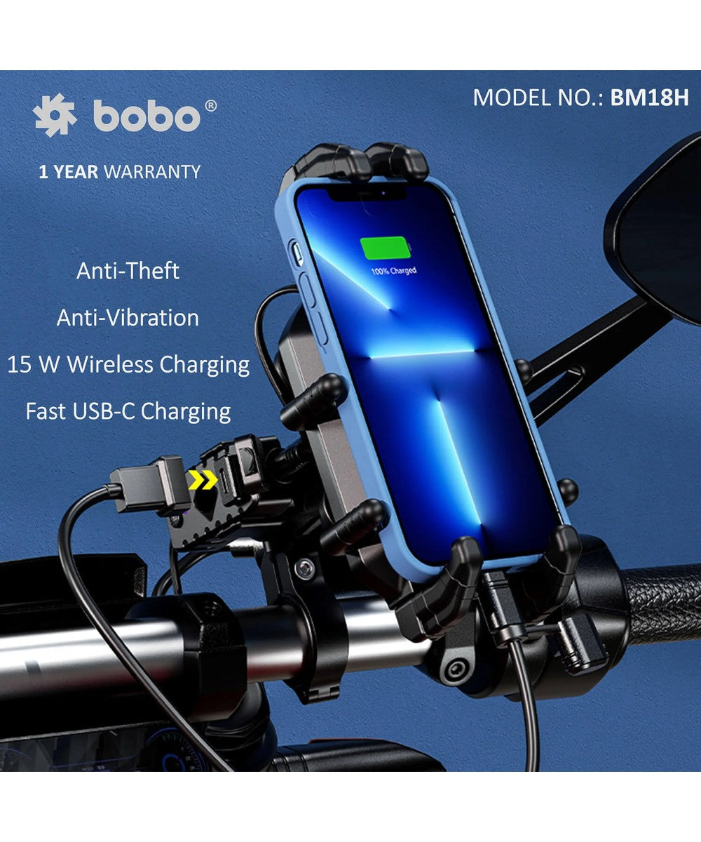 BOBO BM18 Anti-Vibration Bike Phone Holder (with Fast 15W Wireless Charger & USB-C Charging Module) Motorcycle Mobile Mount