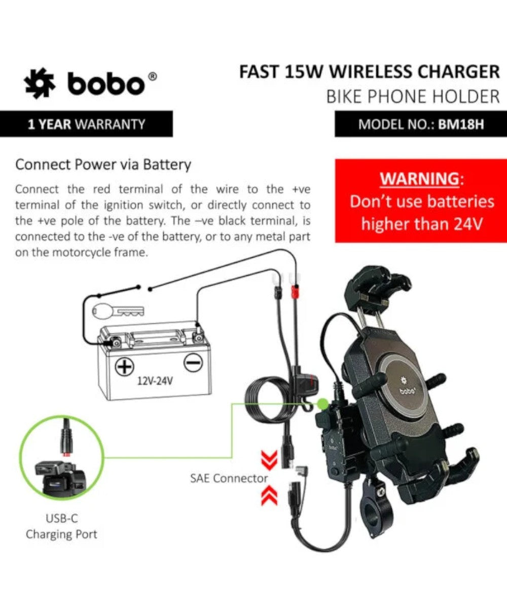 BOBO BM18 Anti-Vibration Bike Phone Holder (with Fast 15W Wireless Charger & USB-C Charging Module) Motorcycle Mobile Mount