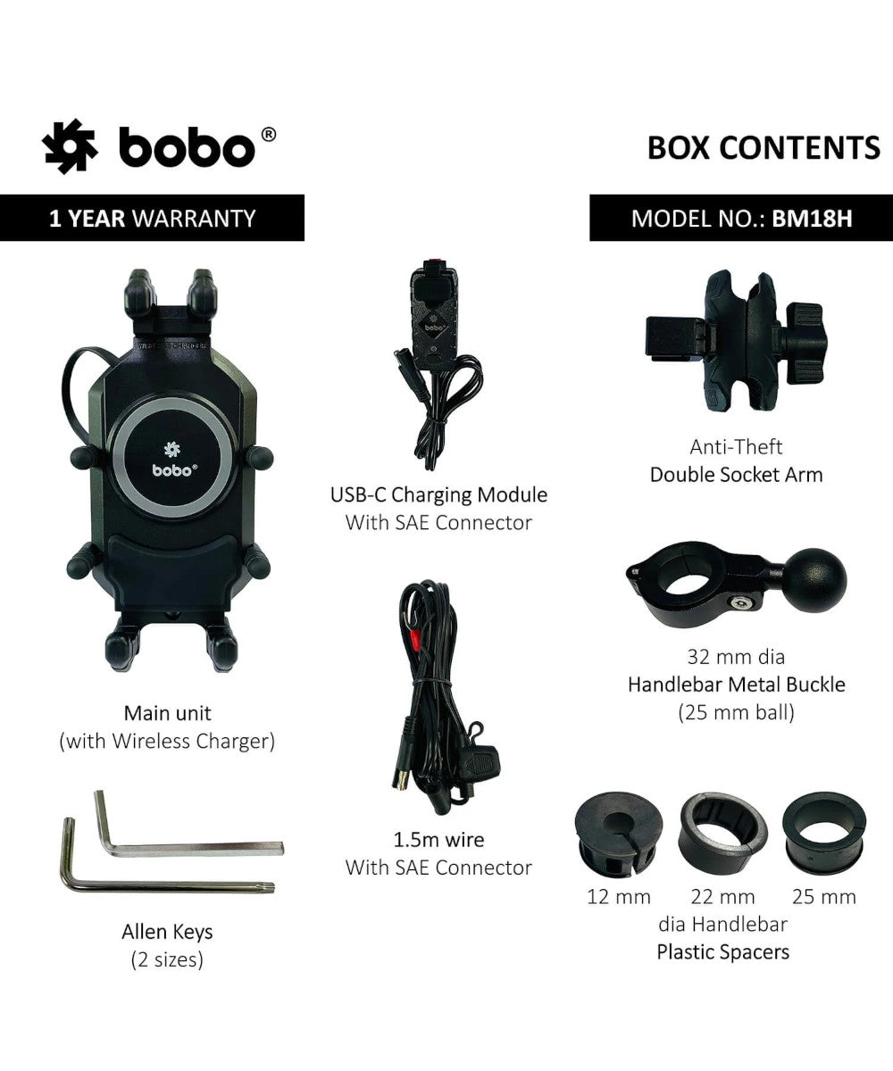 BOBO BM18 Anti-Vibration Bike Phone Holder (with Fast 15W Wireless Charger & USB-C Charging Module) Motorcycle Mobile Mount