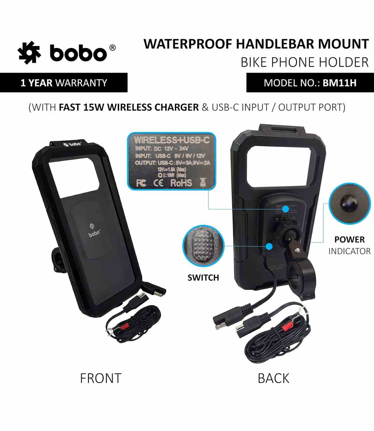 BOBO BM11H Motorcycle Phone Holder With Charger