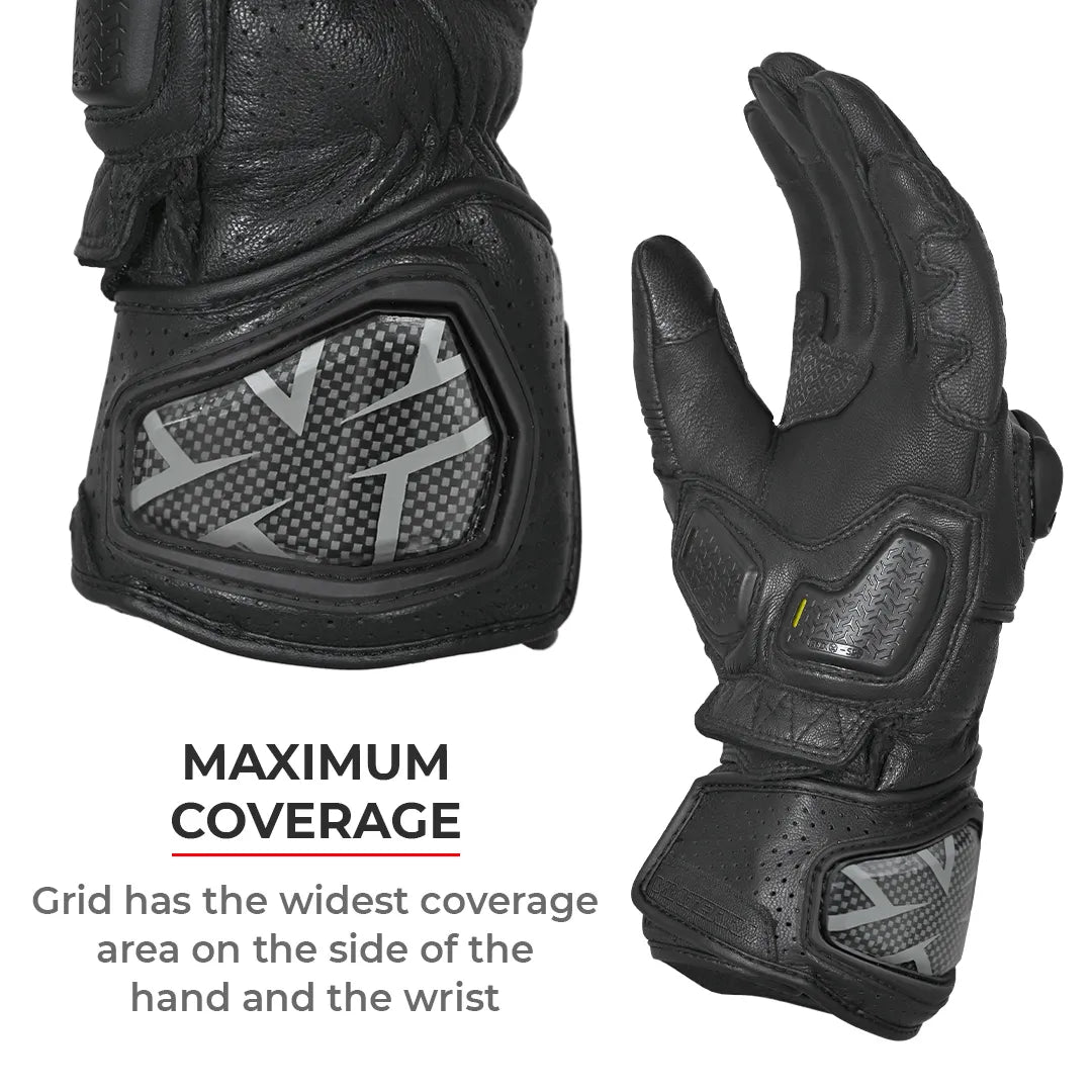 VIATERRA Grid Full Gauntlet Motorcycle Riding Gloves - Black