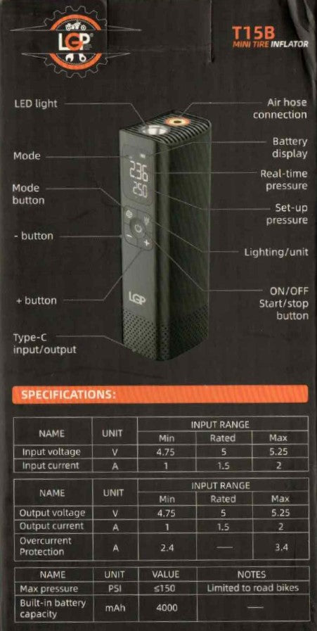 LGP Tyre Inflator T15B with Powerbank Option 4000 mah Battery